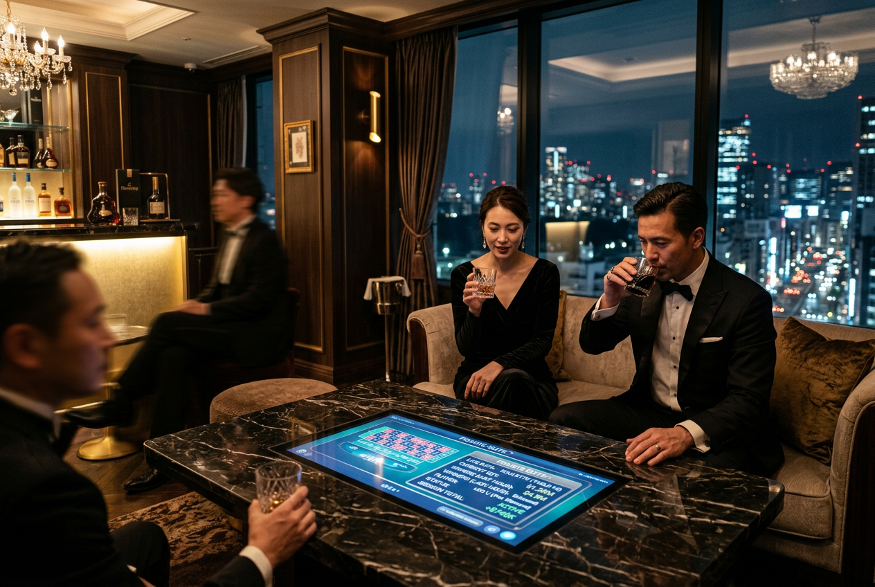 A luxury private casino setting with high-end digital interfaces.