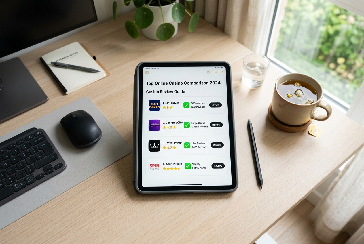 A professional desk setup with a tablet displaying a casino comparison chart.